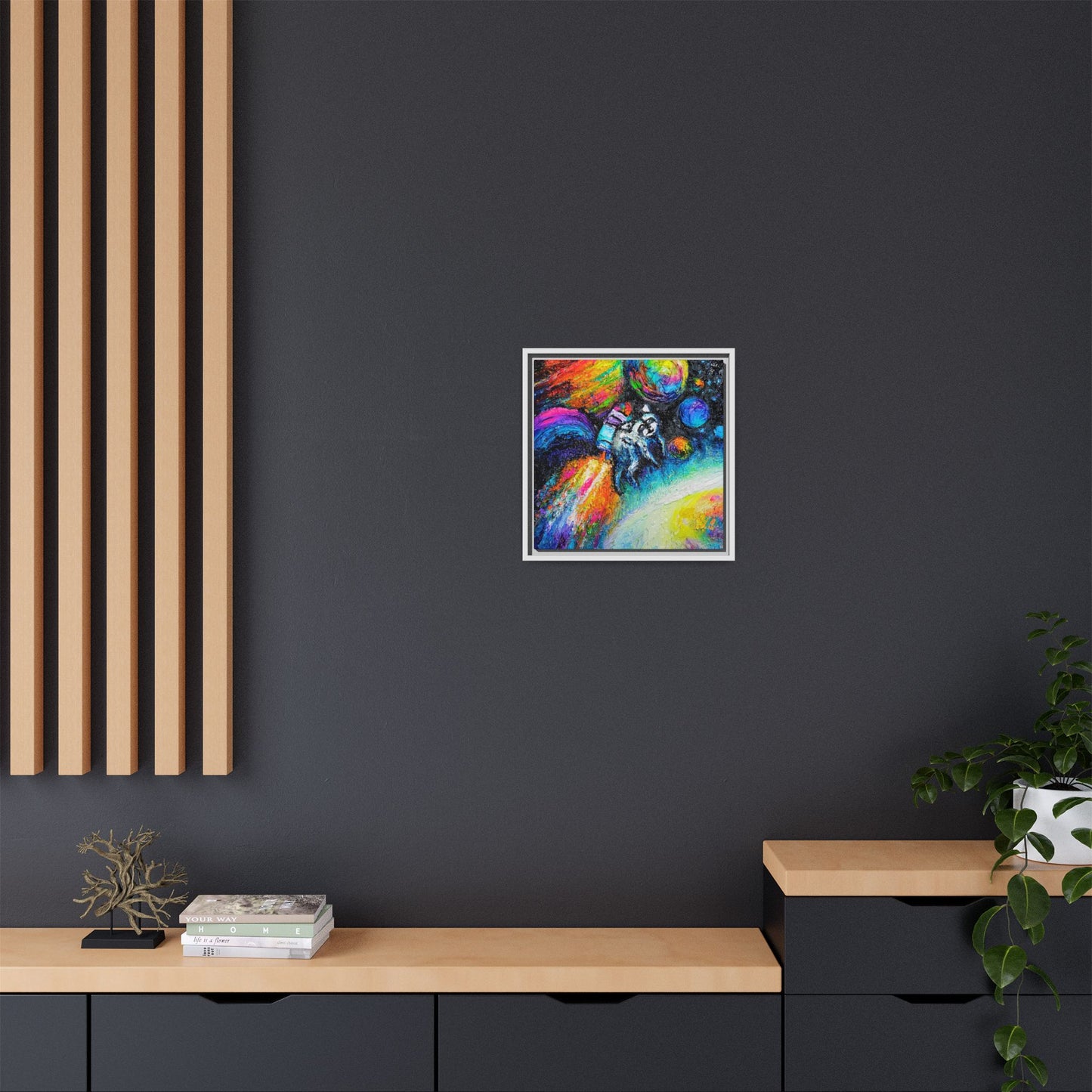 Framed Matte Jimothy in Space Canvas Art – Colorful Astronaut Space Painting