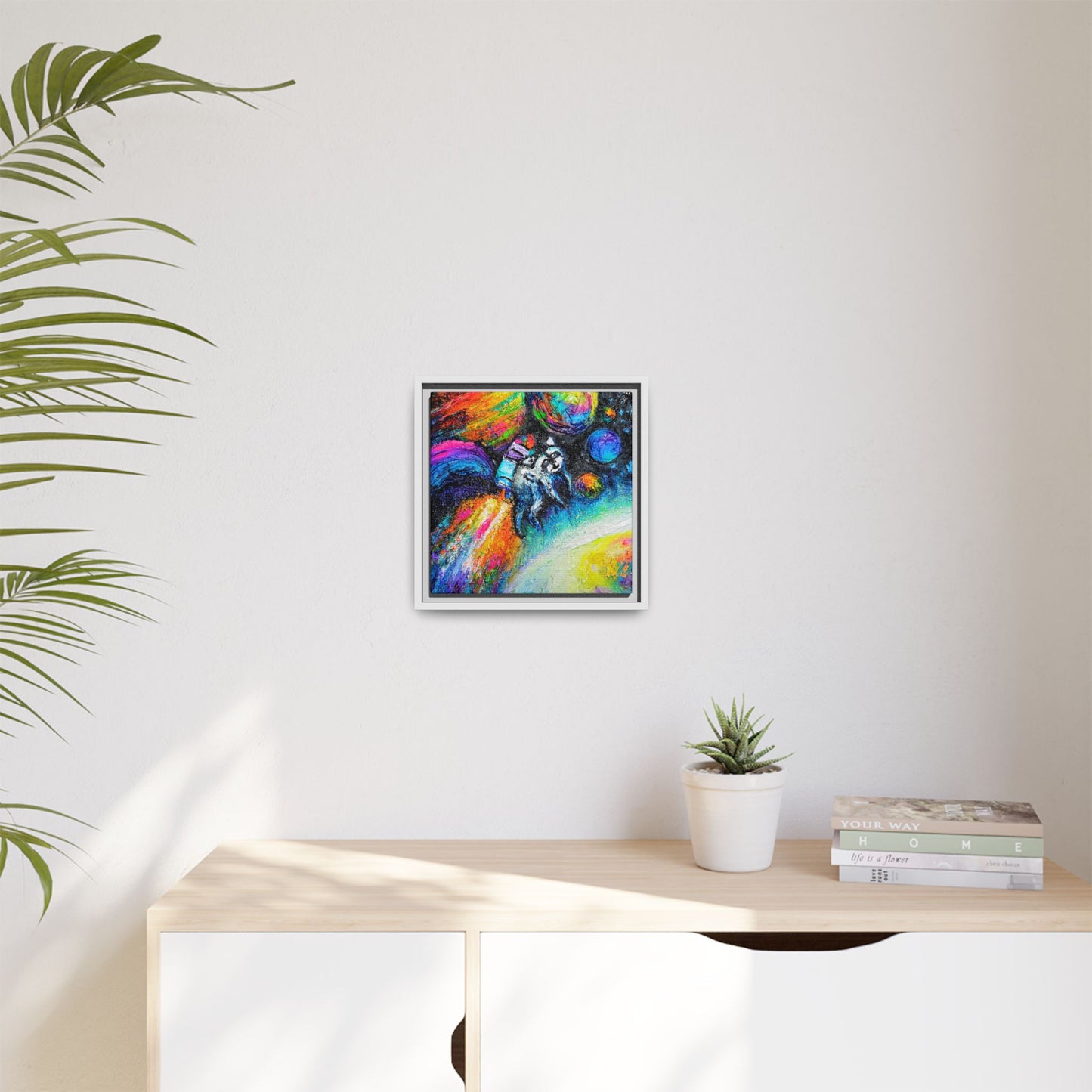 Framed Matte Jimothy in Space Canvas Art – Colorful Astronaut Space Painting