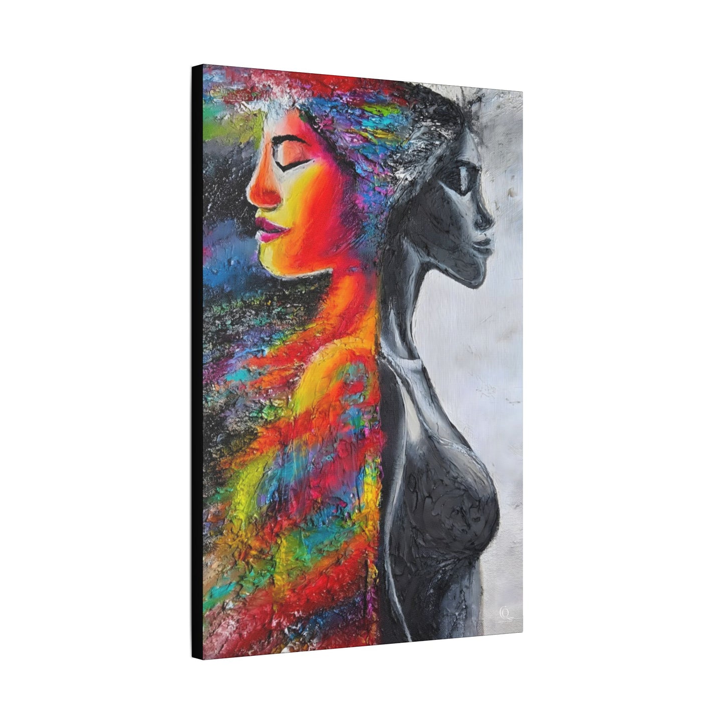 Abstract Duality Portrait Satin Canvas Art - Colorful Woman & Monochrome Silhouette Stretched