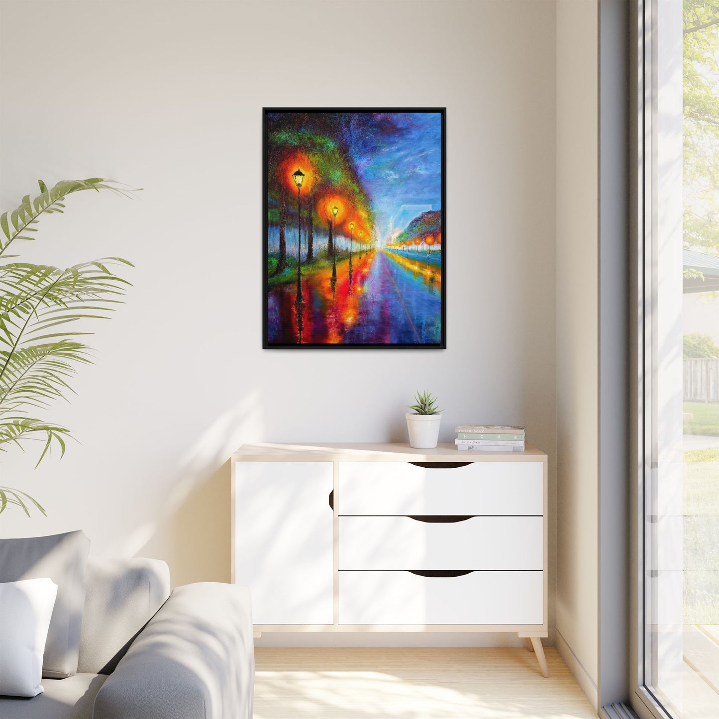 Framed Matte Canvas - Colorful City Street Lamp Nightscape