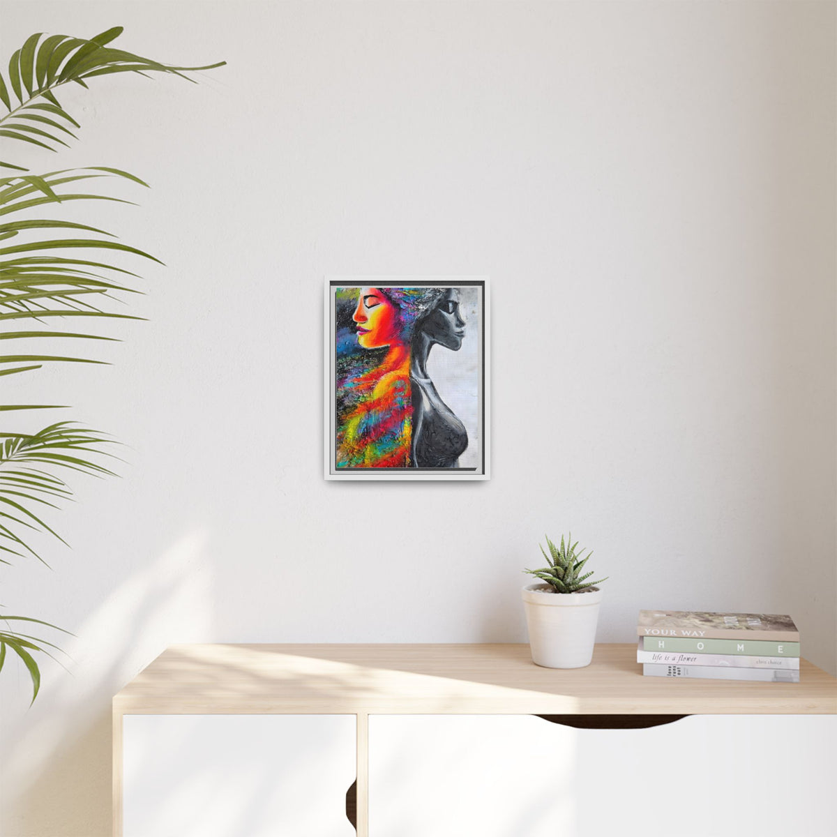 Framed Matte Canvas Art – Colorful Dual-Faced Woman Portrait