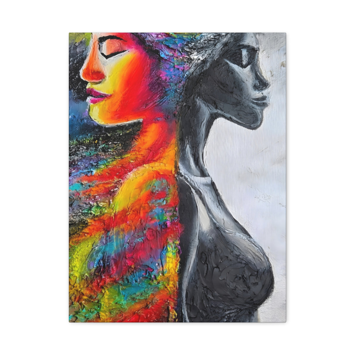 Duality Portrait Canvas Print — Colorful Woman & Monochrome Silhouette Stretched Matte