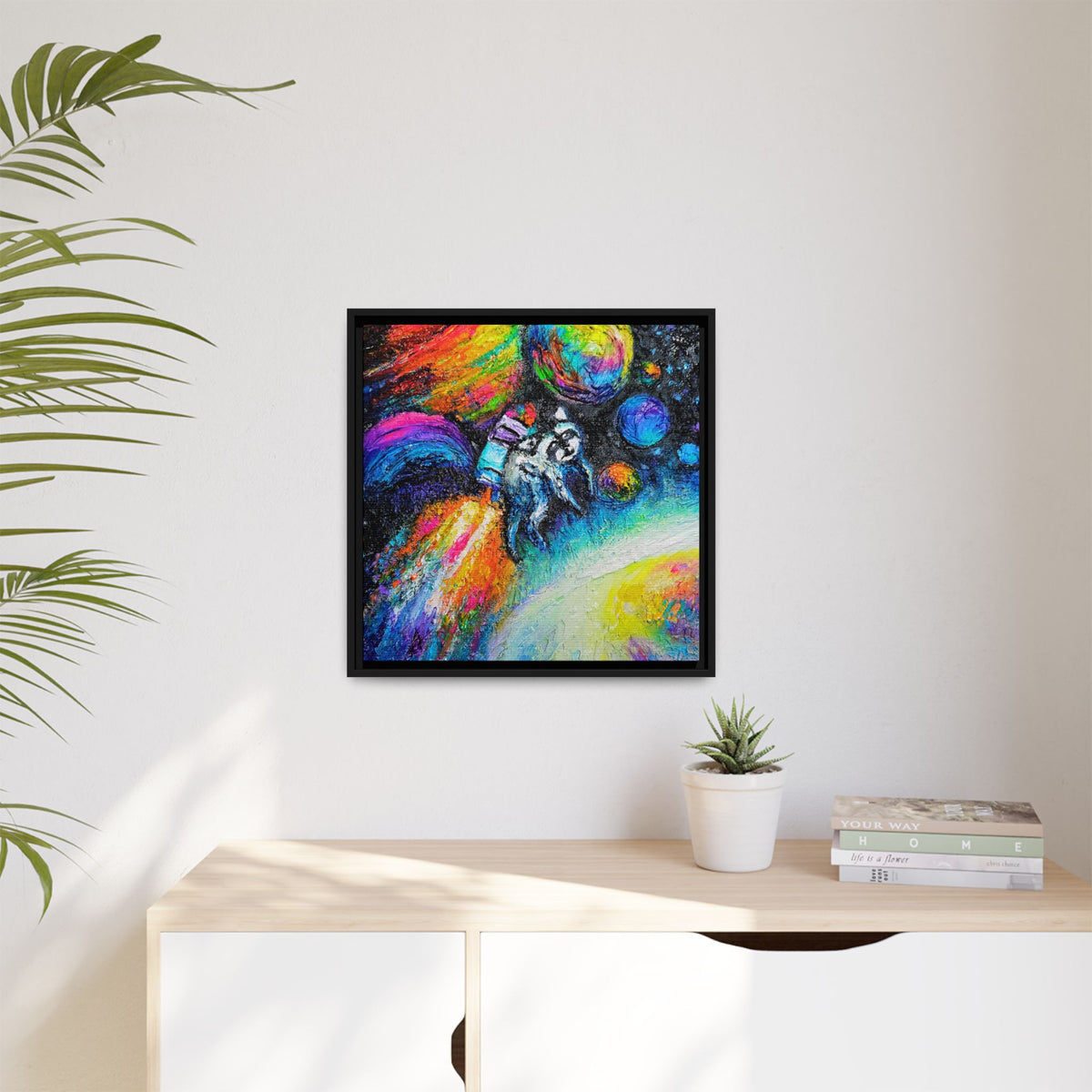 Framed Matte Jimothy in Space Canvas Art – Colorful Astronaut Space Painting