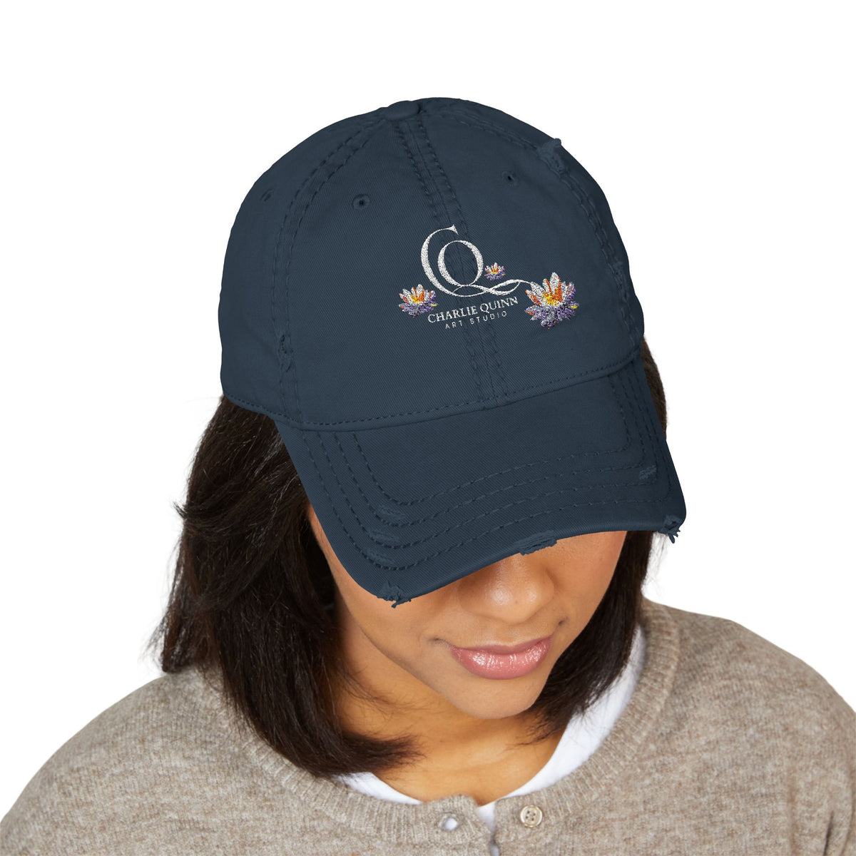 Distressed Embroidered Dad Hat – CQT Lotus Logo Design