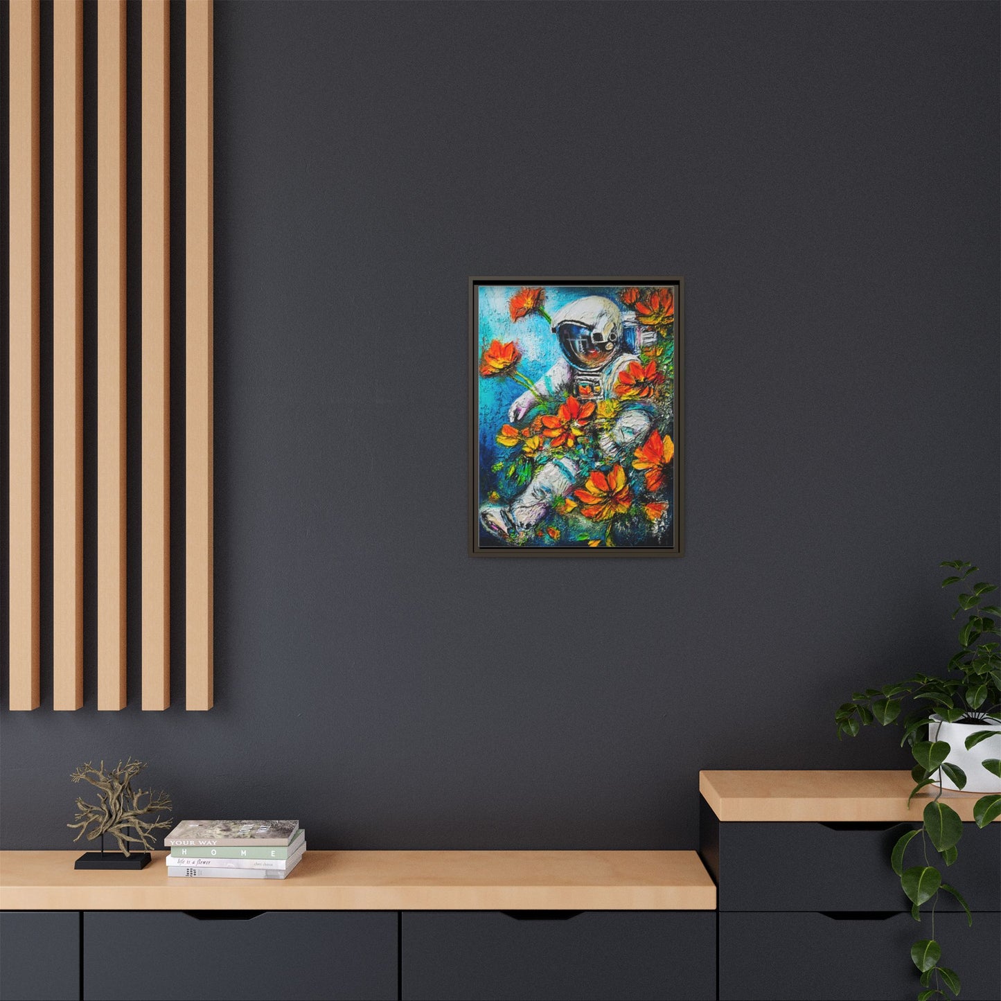 Framed Astronaut Art Print — Colorful Floral Space Canvas