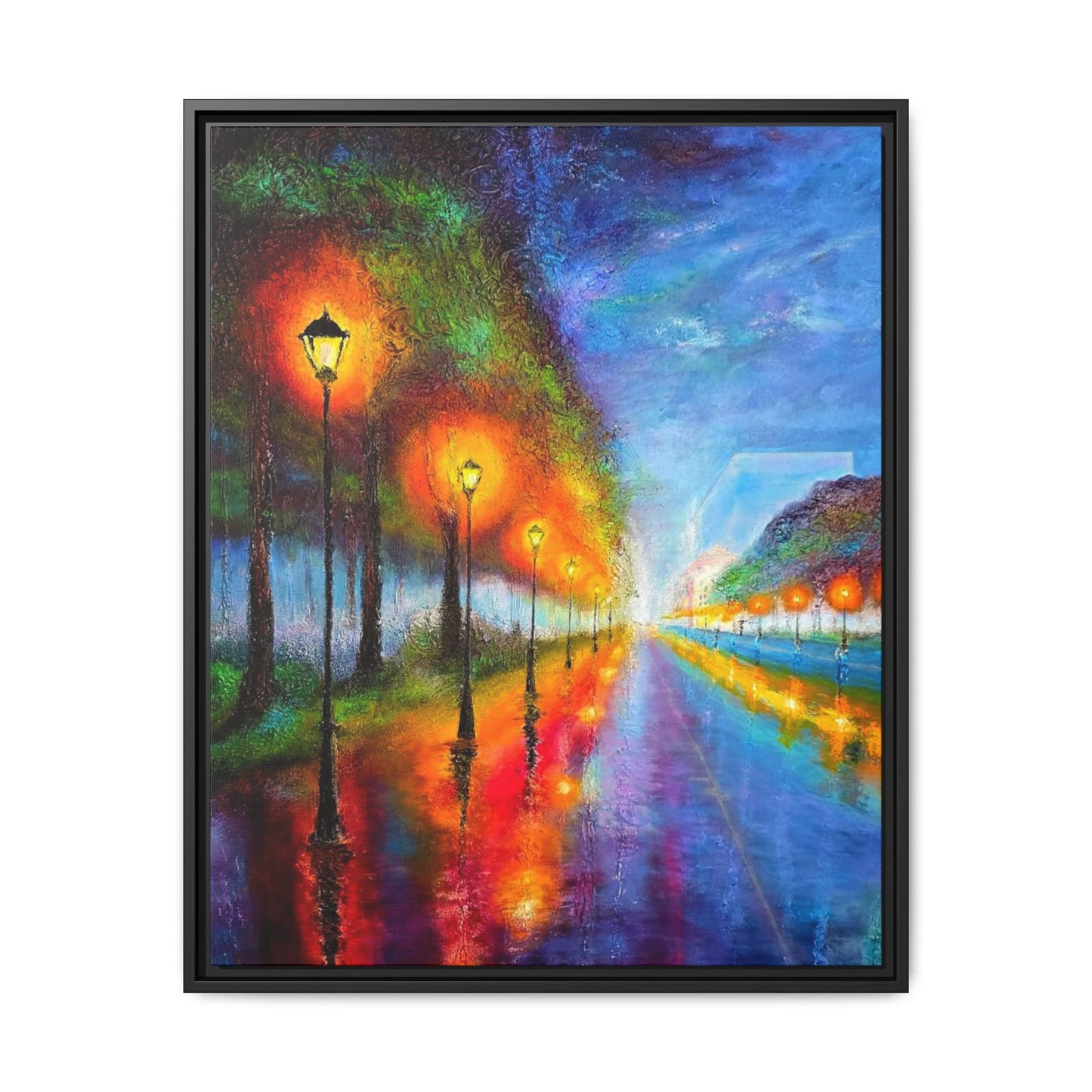 Framed Matte Canvas - Colorful City Street Lamp Nightscape