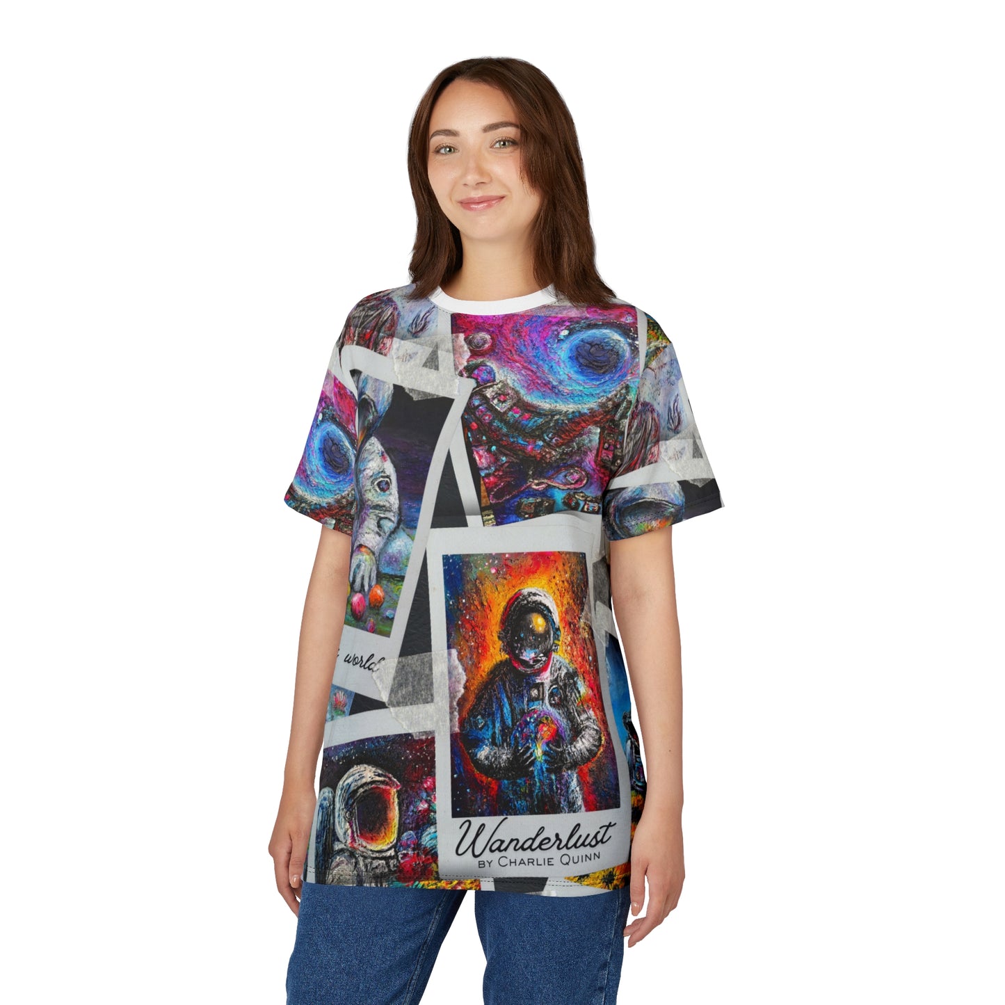 Wanderlust Astronaut Collage Tee — All-Over Print Space Art T-Shirt