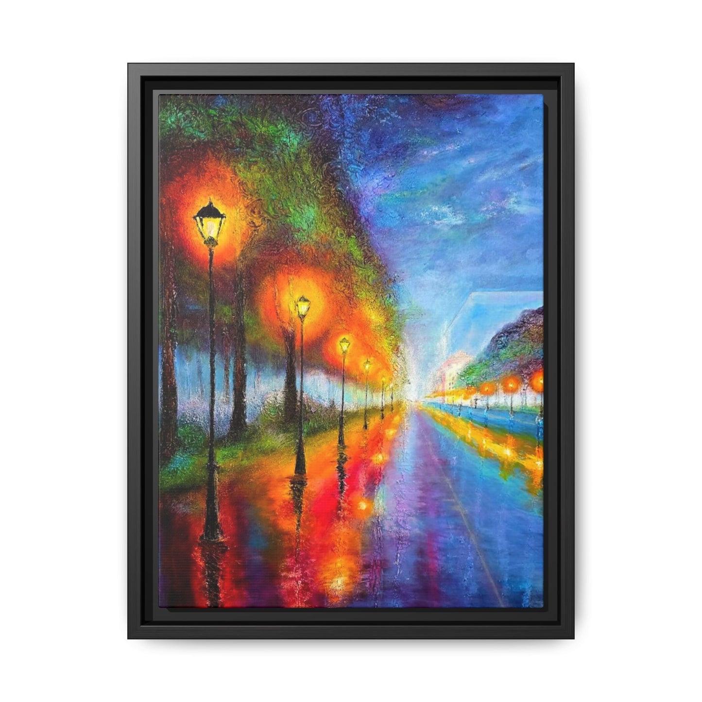 Framed Matte Canvas - Colorful City Street Lamp Nightscape
