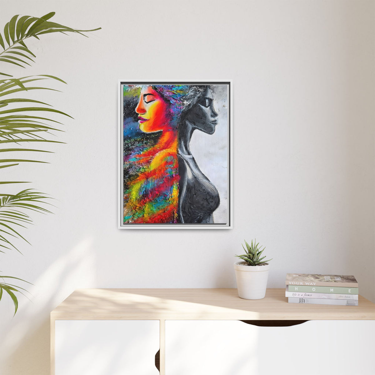 Framed Matte Canvas Art – Colorful Dual-Faced Woman Portrait