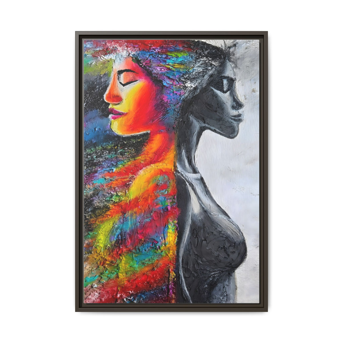Framed Matte Canvas Art – Colorful Dual-Faced Woman Portrait