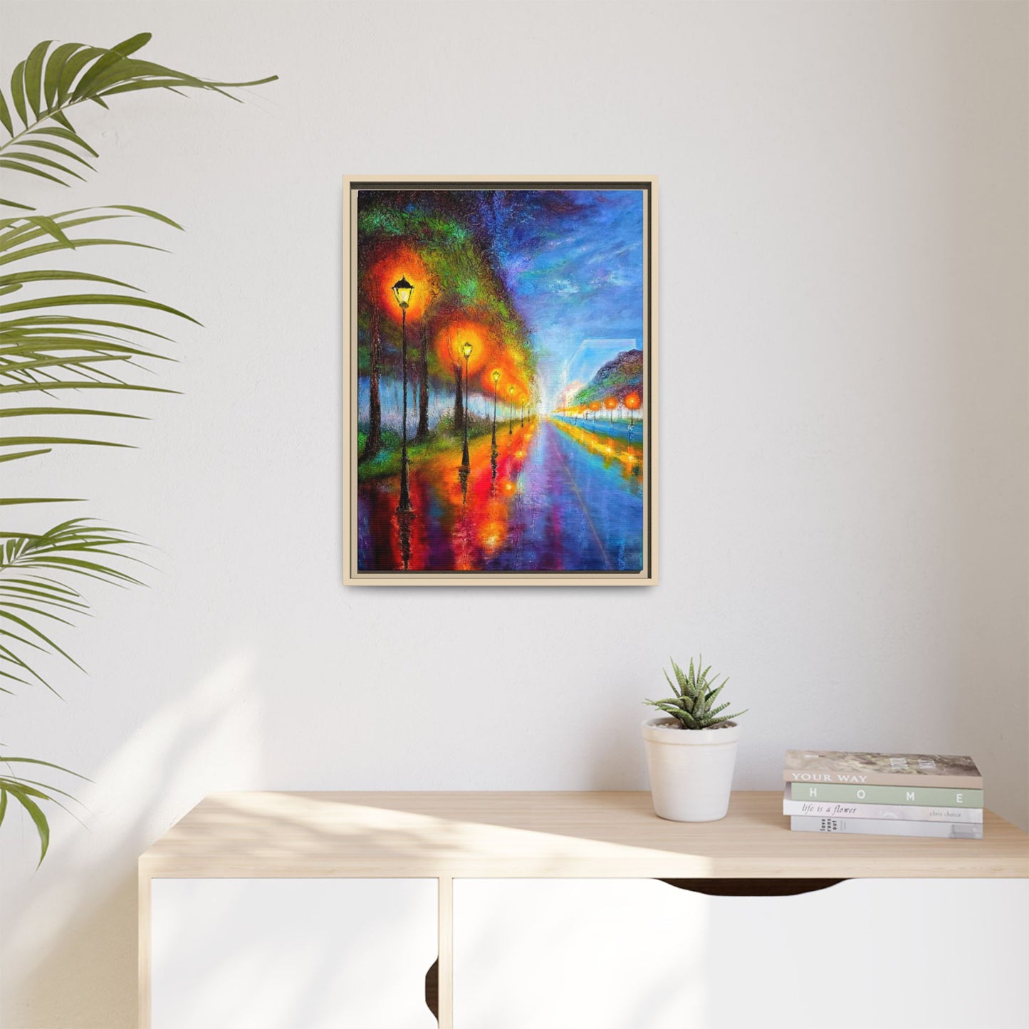 Framed Matte Canvas - Colorful City Street Lamp Nightscape