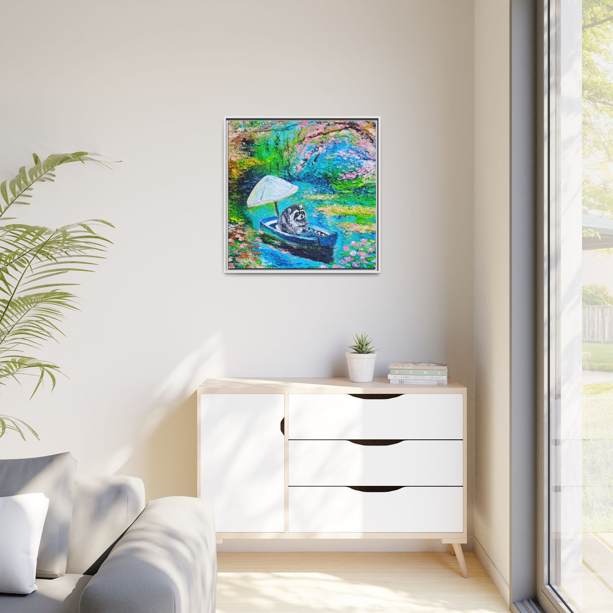 Framed Matte Canvas Art — Jimothy in a Boat Spring Landscape
