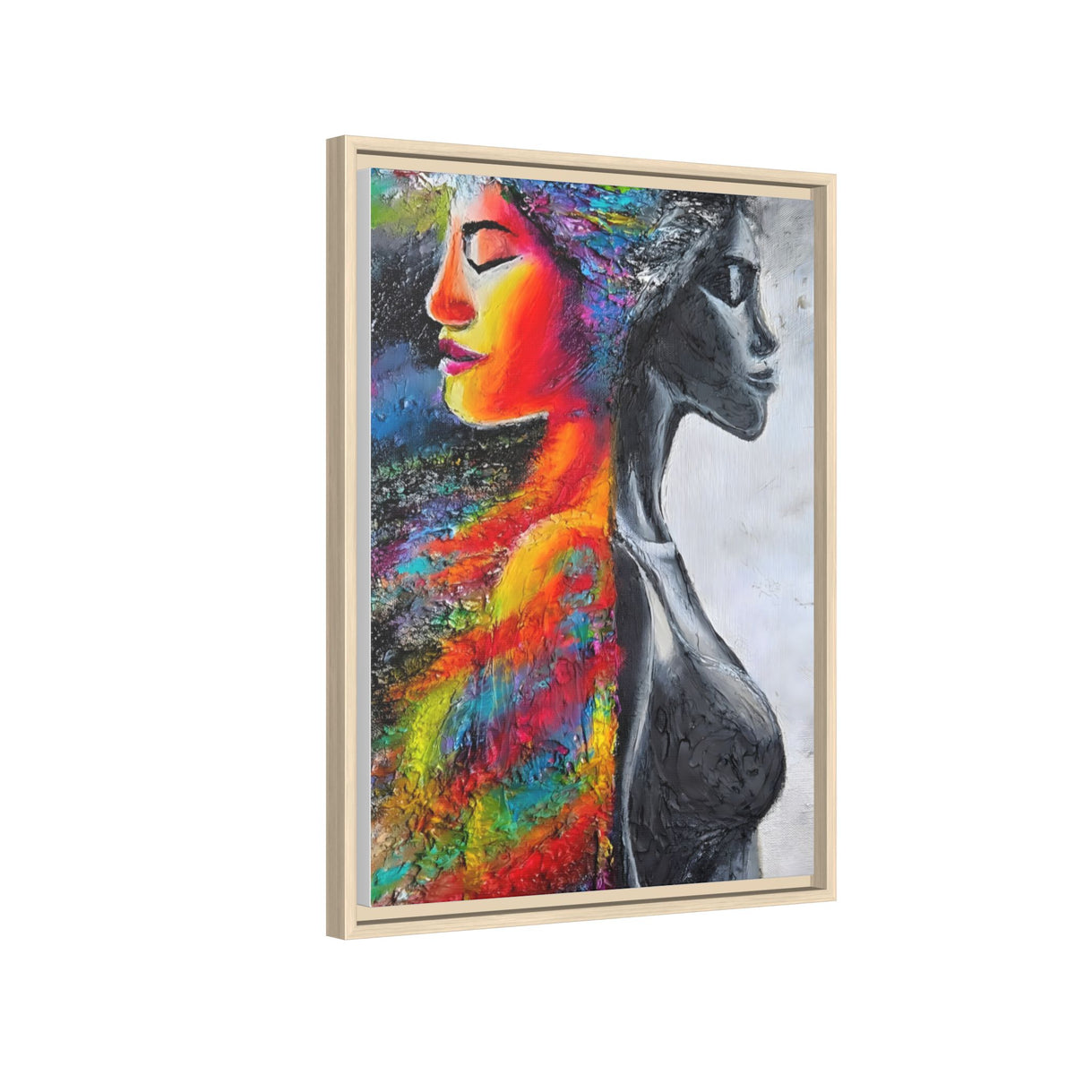 Framed Matte Canvas Art – Colorful Dual-Faced Woman Portrait