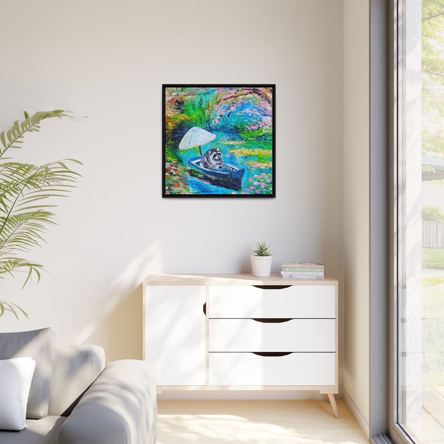 Framed Matte Canvas Art — Jimothy in a Boat Spring Landscape