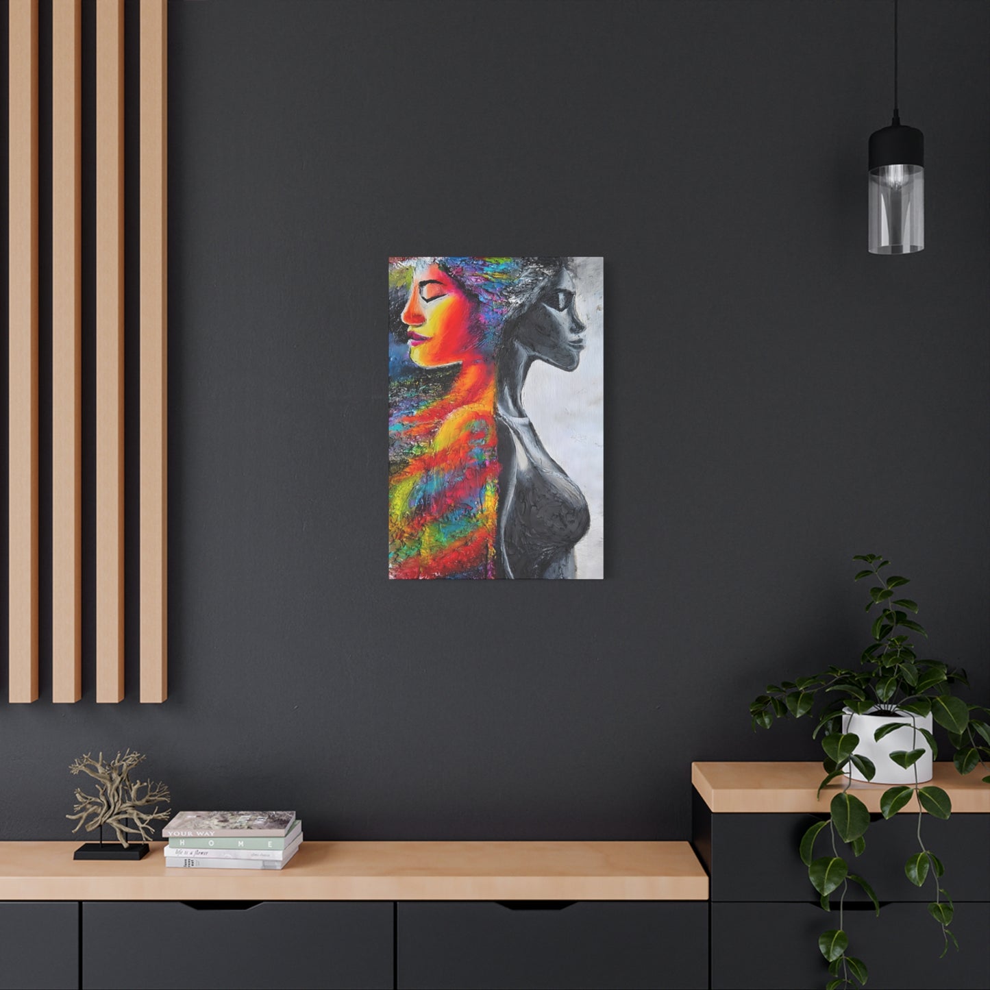 Duality Portrait Canvas Print — Colorful Woman & Monochrome Silhouette Stretched Matte