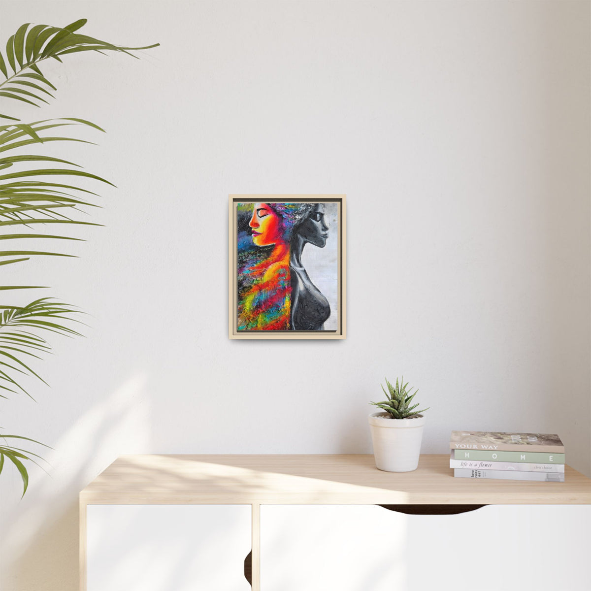 Framed Matte Canvas Art – Colorful Dual-Faced Woman Portrait