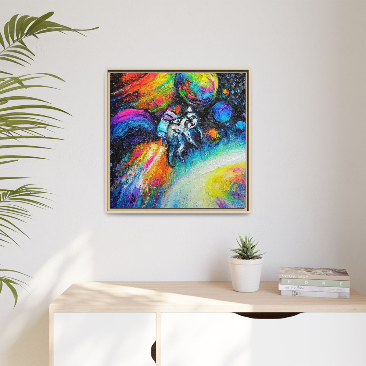 Framed Matte Jimothy in Space Canvas Art – Colorful Astronaut Space Painting