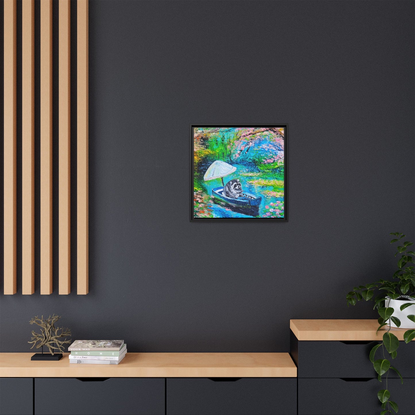 Framed Matte Canvas Art — Jimothy in a Boat Spring Landscape
