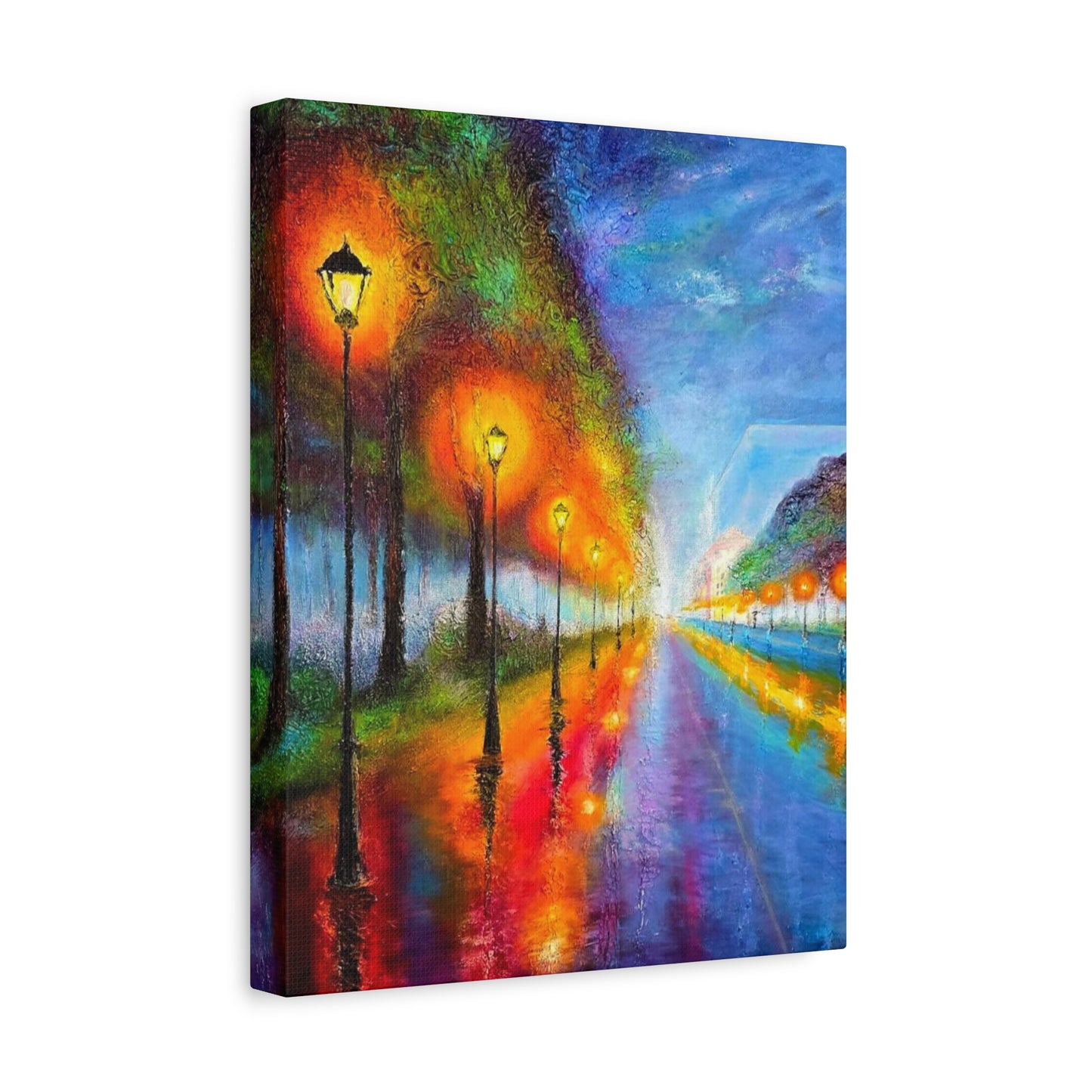 Colorful City Night Lamp Post Canvas Art — Matte Stretched Wall Decor