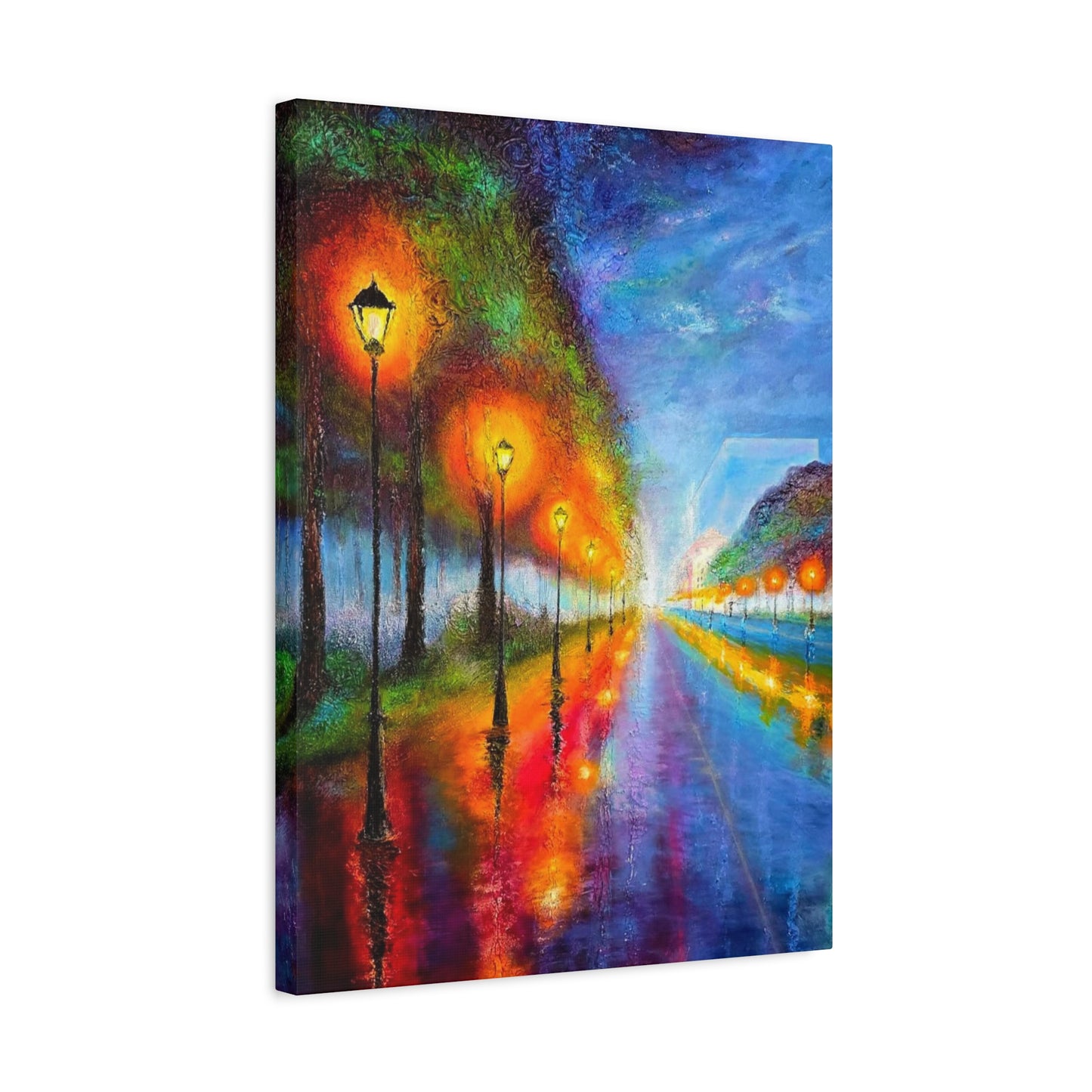 Colorful City Night Lamp Post Canvas Art — Matte Stretched Wall Decor