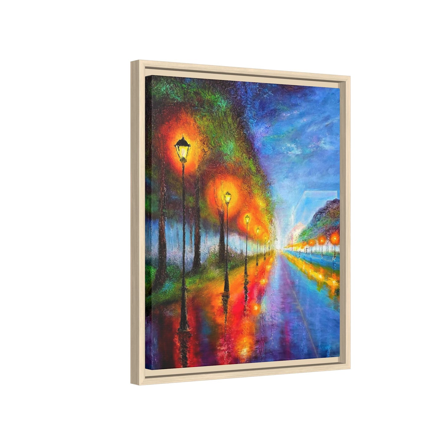 Framed Matte Canvas - Colorful City Street Lamp Nightscape