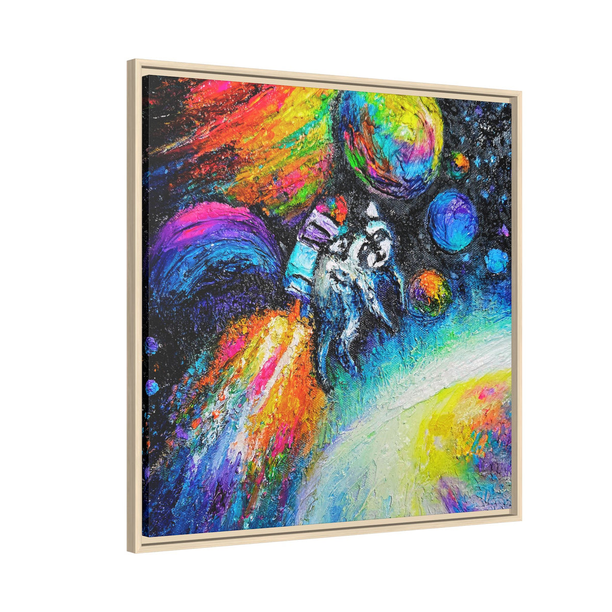 Framed Matte Jimothy in Space Canvas Art – Colorful Astronaut Space Painting