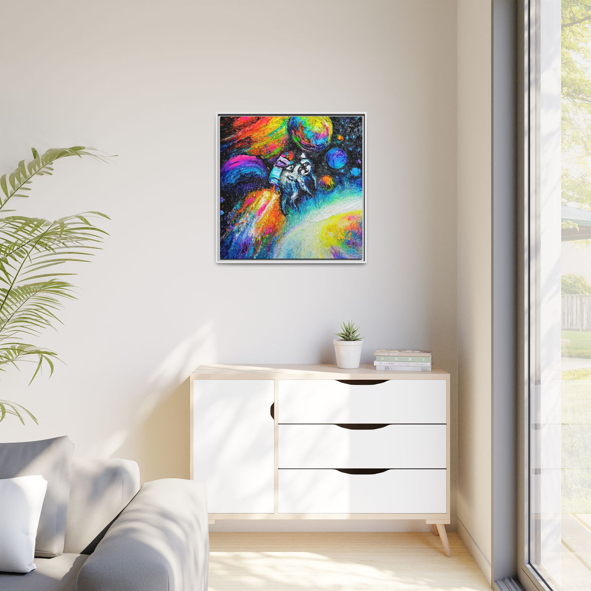 Framed Matte Jimothy in Space Canvas Art – Colorful Astronaut Space Painting