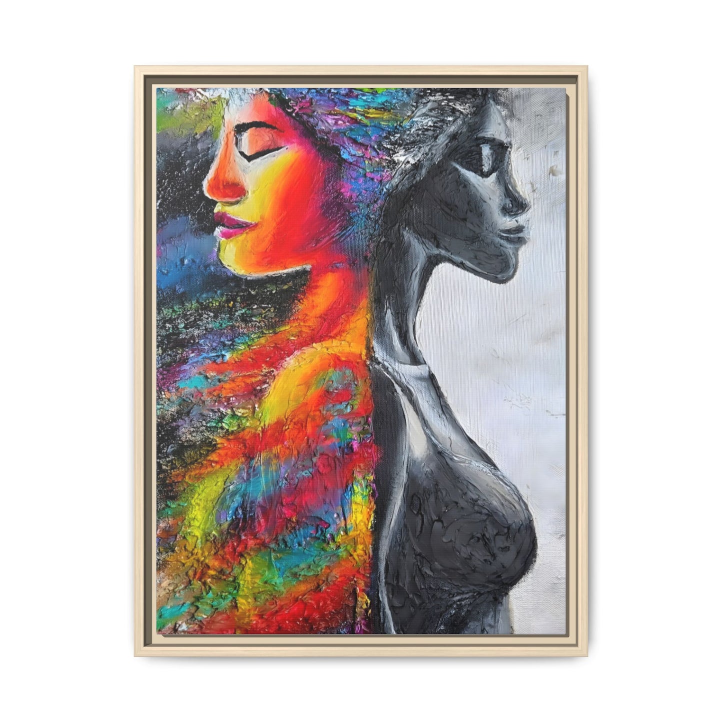 Framed Matte Canvas Art – Colorful Dual-Faced Woman Portrait
