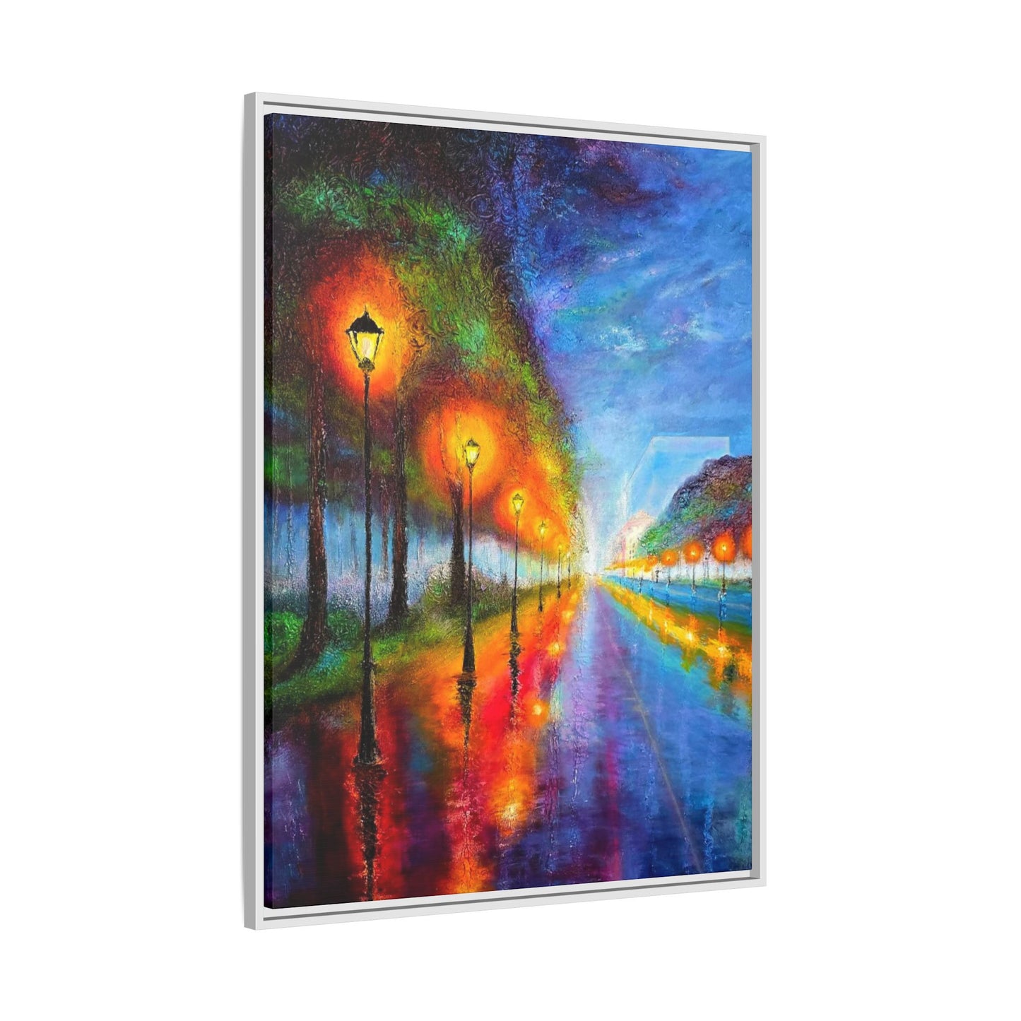 Framed Matte Canvas - Colorful City Street Lamp Nightscape