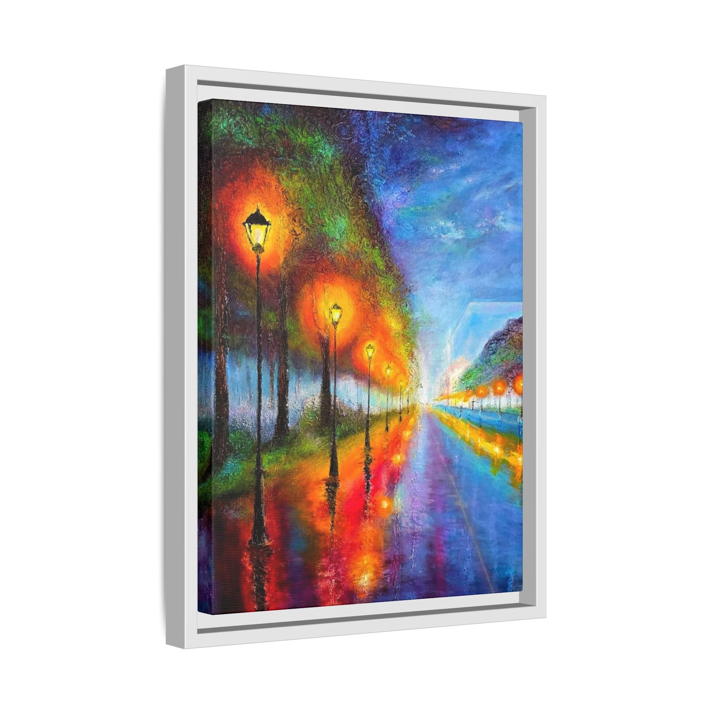 Framed Matte Canvas - Colorful City Street Lamp Nightscape