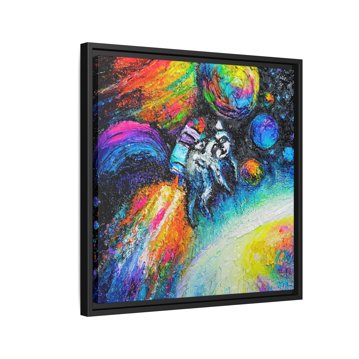 Framed Matte Jimothy in Space Canvas Art – Colorful Astronaut Space Painting