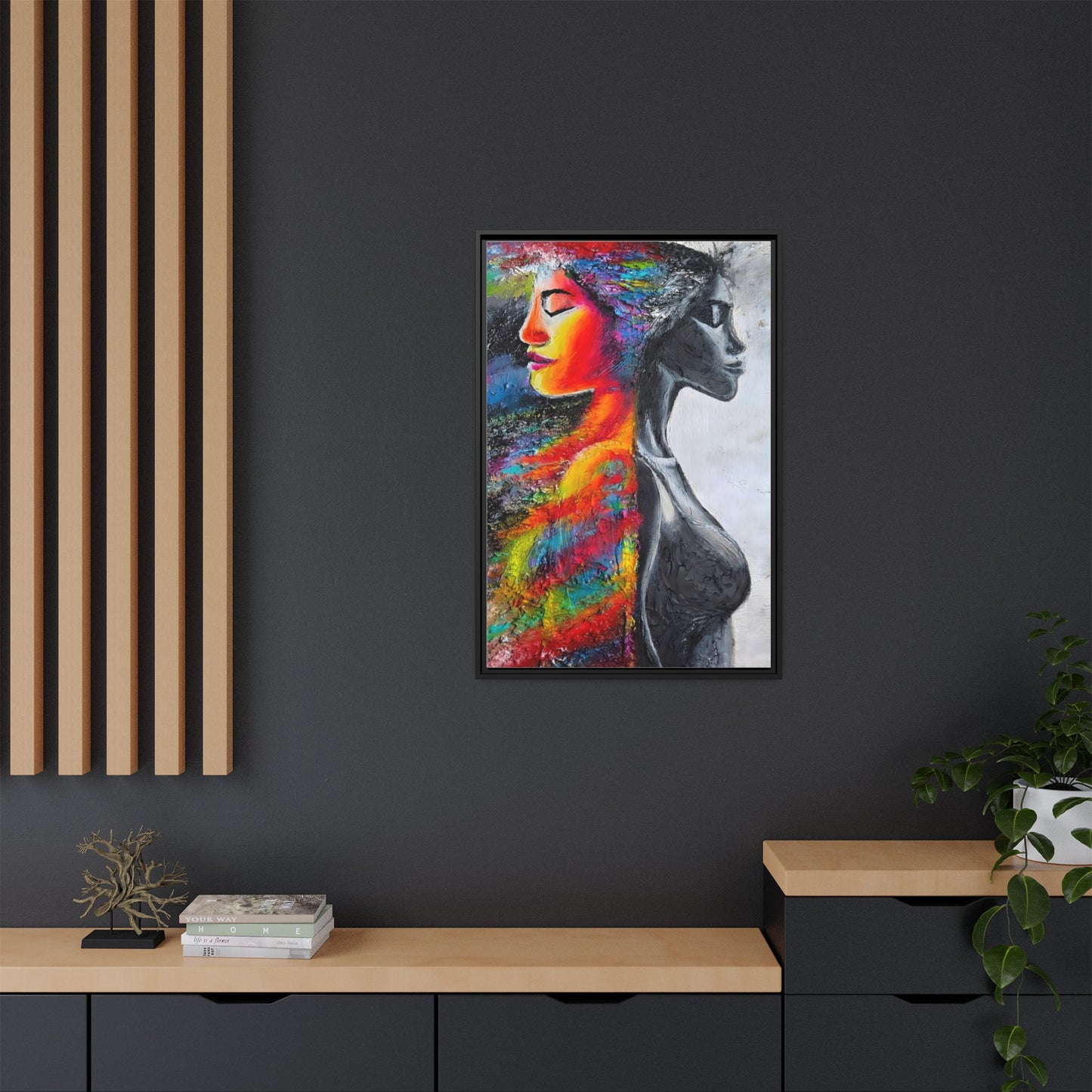 Framed Matte Canvas Art – Colorful Dual-Faced Woman Portrait