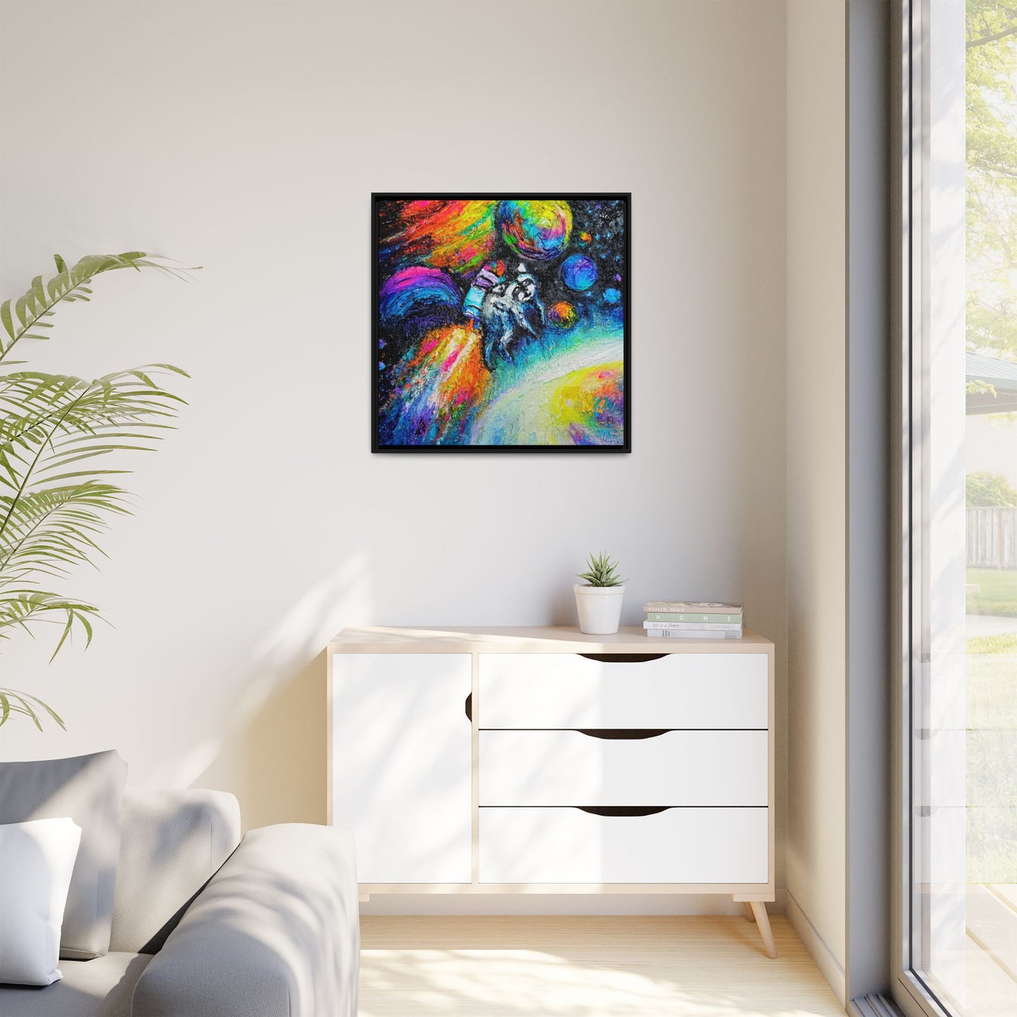Framed Matte Jimothy in Space Canvas Art – Colorful Astronaut Space Painting