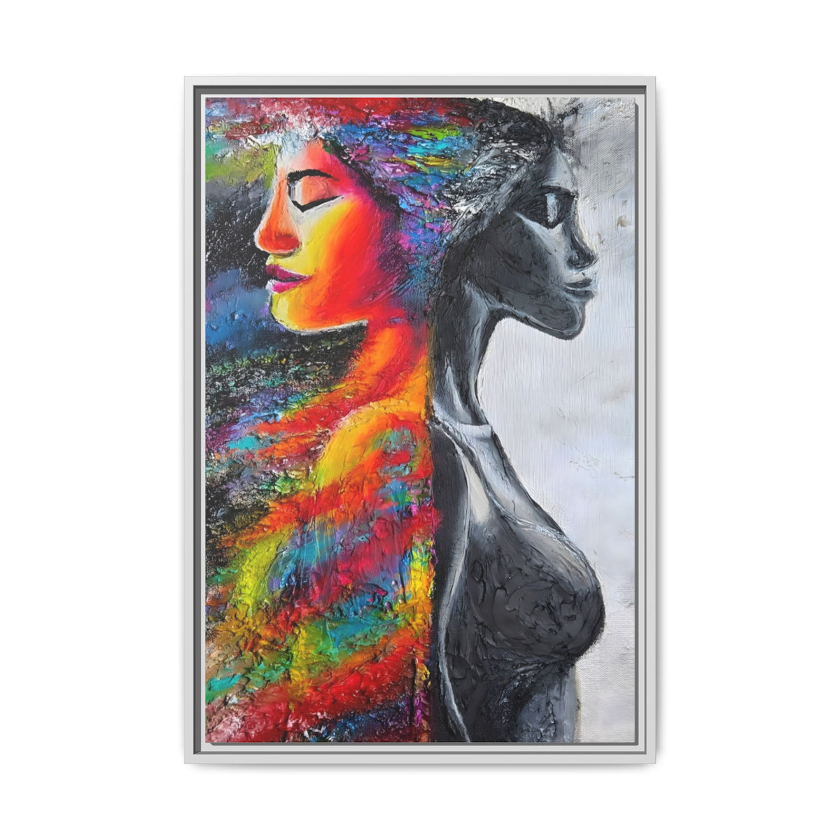 Framed Matte Canvas Art – Colorful Dual-Faced Woman Portrait