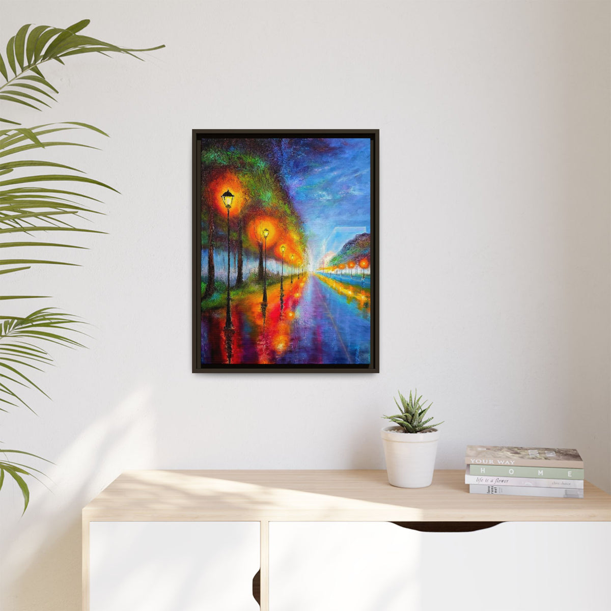 Framed Matte Canvas - Colorful City Street Lamp Nightscape