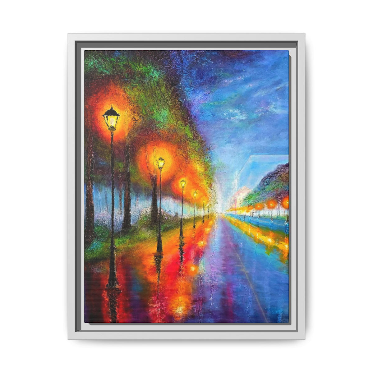 Framed Matte Canvas - Colorful City Street Lamp Nightscape