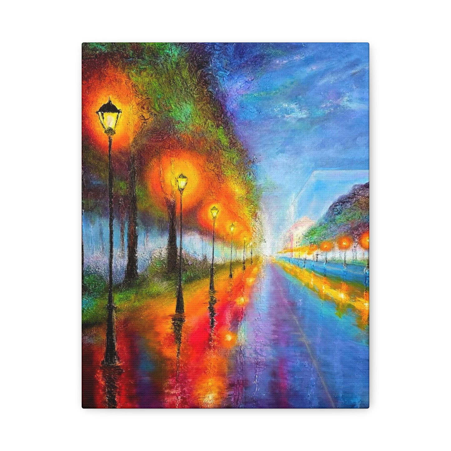 Colorful City Night Lamp Post Canvas Art — Matte Stretched Wall Decor