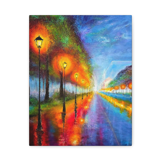 Colorful City Night Lamp Post Canvas Art — Matte Stretched Wall Decor