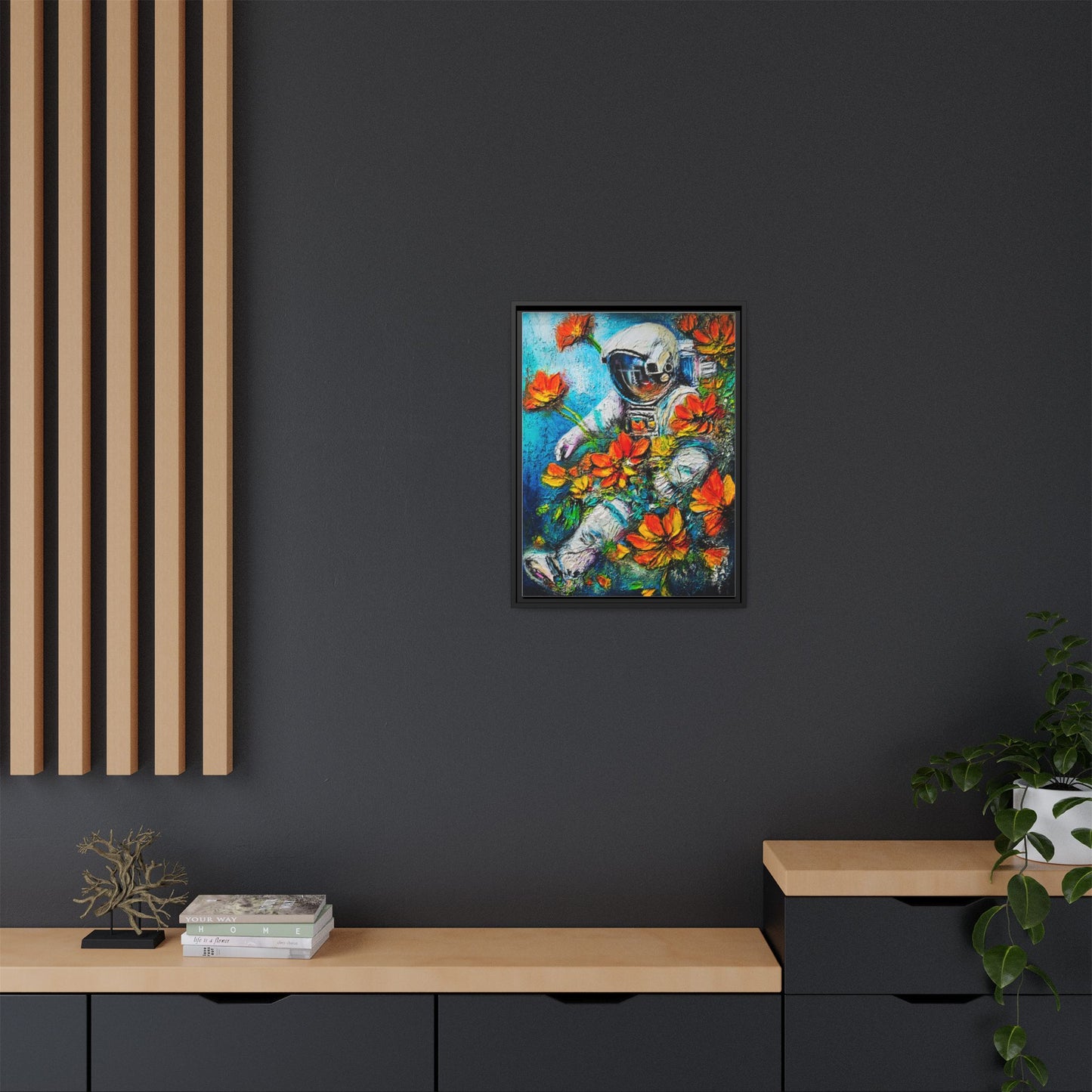 Framed Astronaut Art Print — Colorful Floral Space Canvas