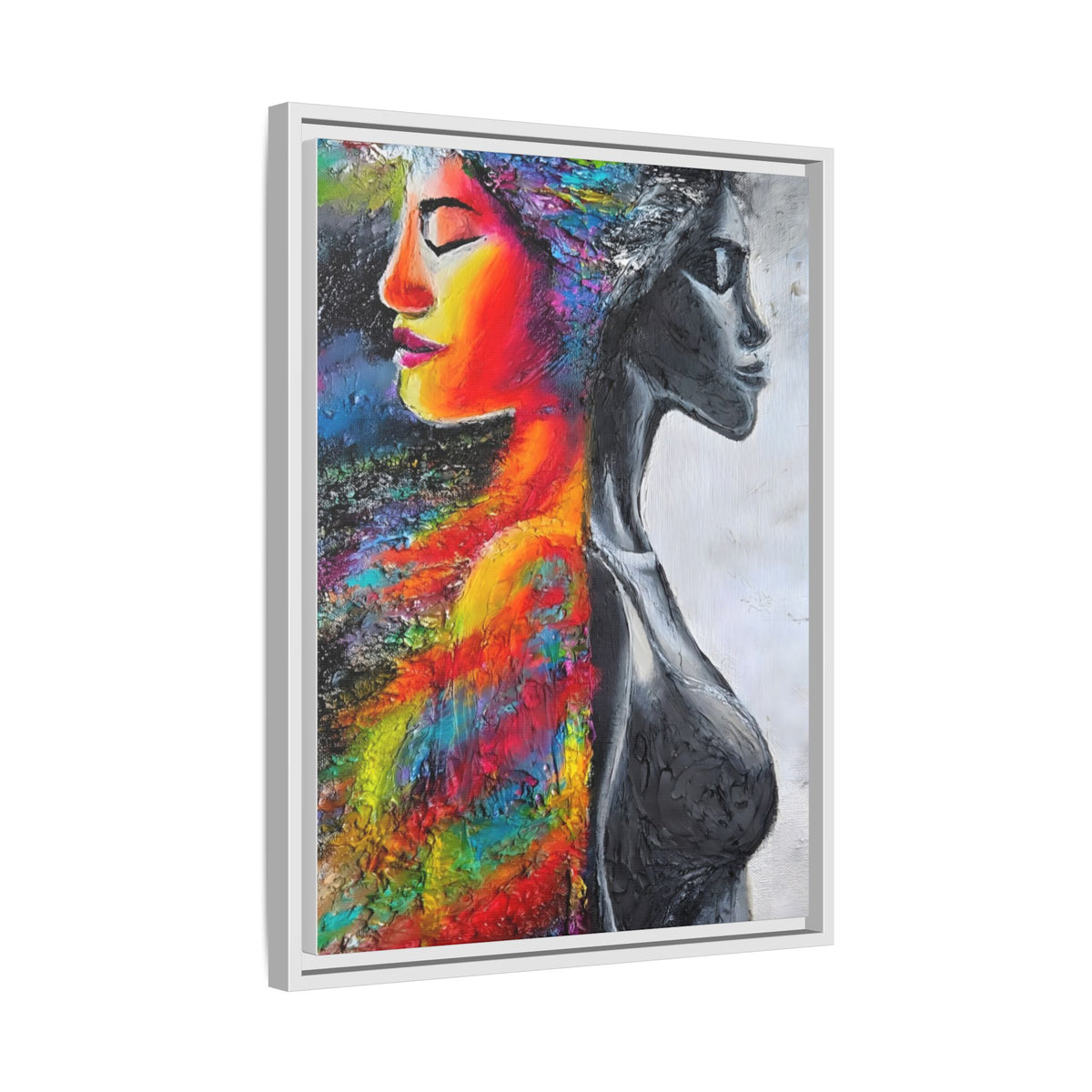 Framed Matte Canvas Art – Colorful Dual-Faced Woman Portrait
