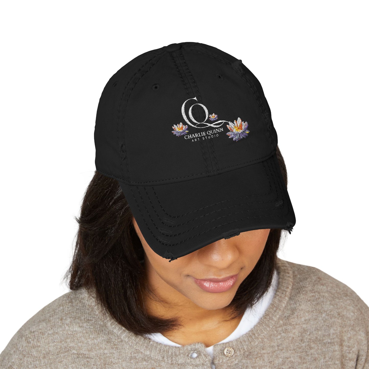 Distressed Embroidered Dad Hat – CQT Lotus Logo Design