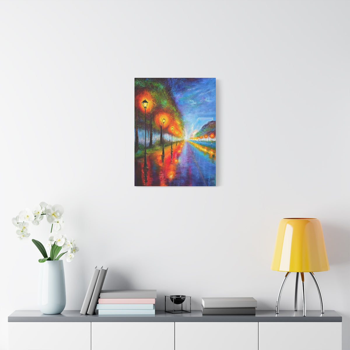Colorful City Night Lamp Post Canvas Art — Matte Stretched Wall Decor