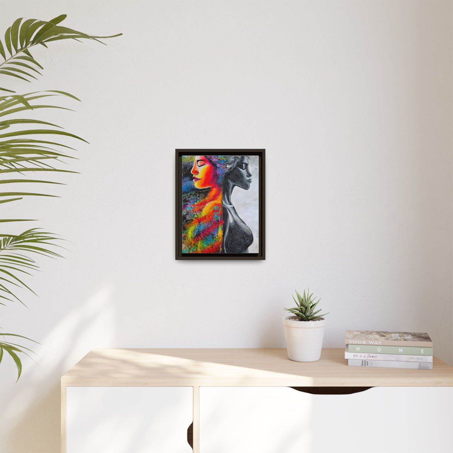 Framed Matte Canvas Art – Colorful Dual-Faced Woman Portrait