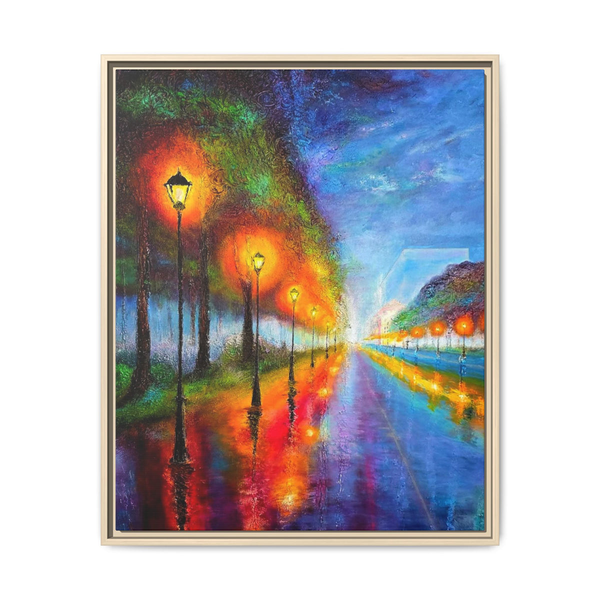 Framed Matte Canvas - Colorful City Street Lamp Nightscape