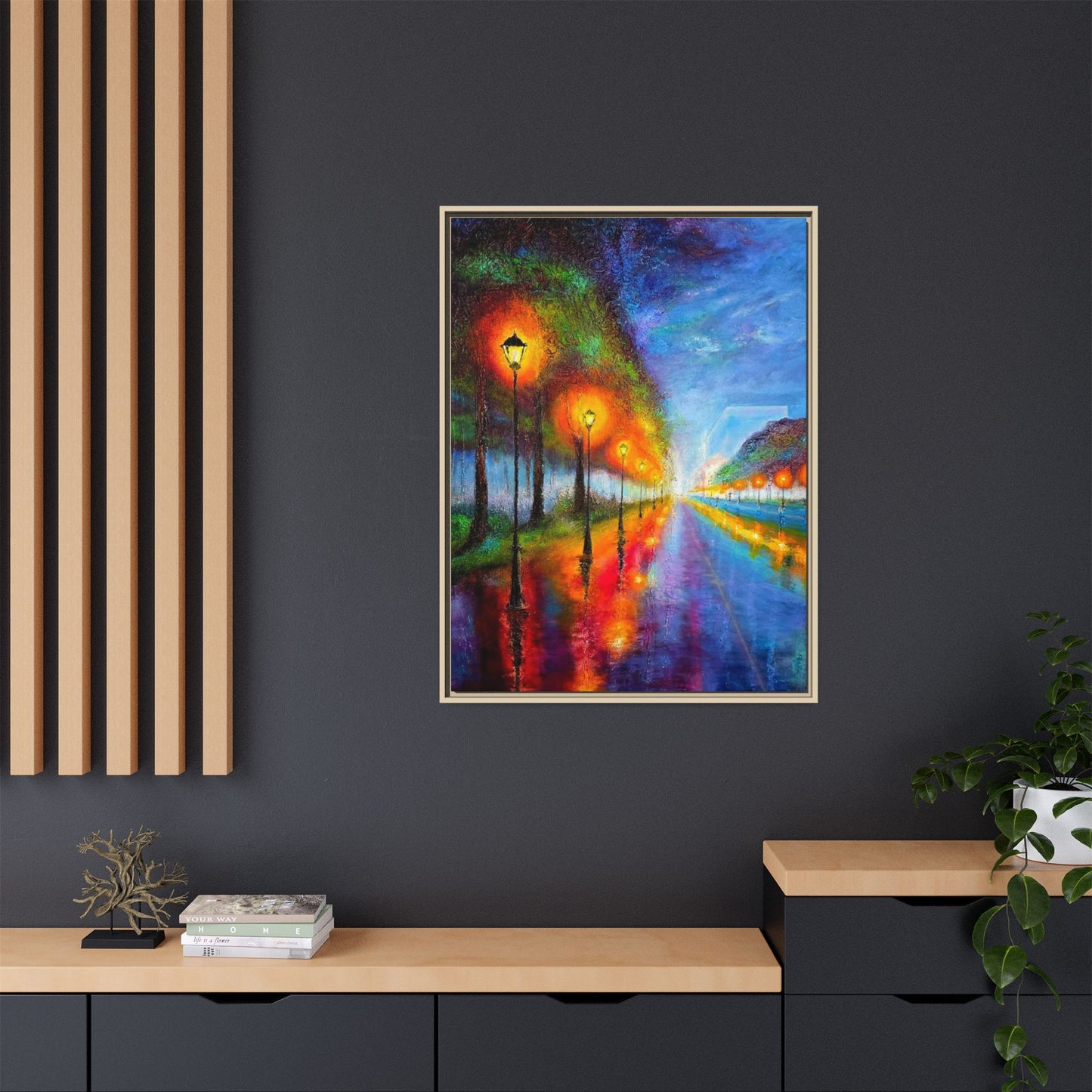 Framed Matte Canvas - Colorful City Street Lamp Nightscape