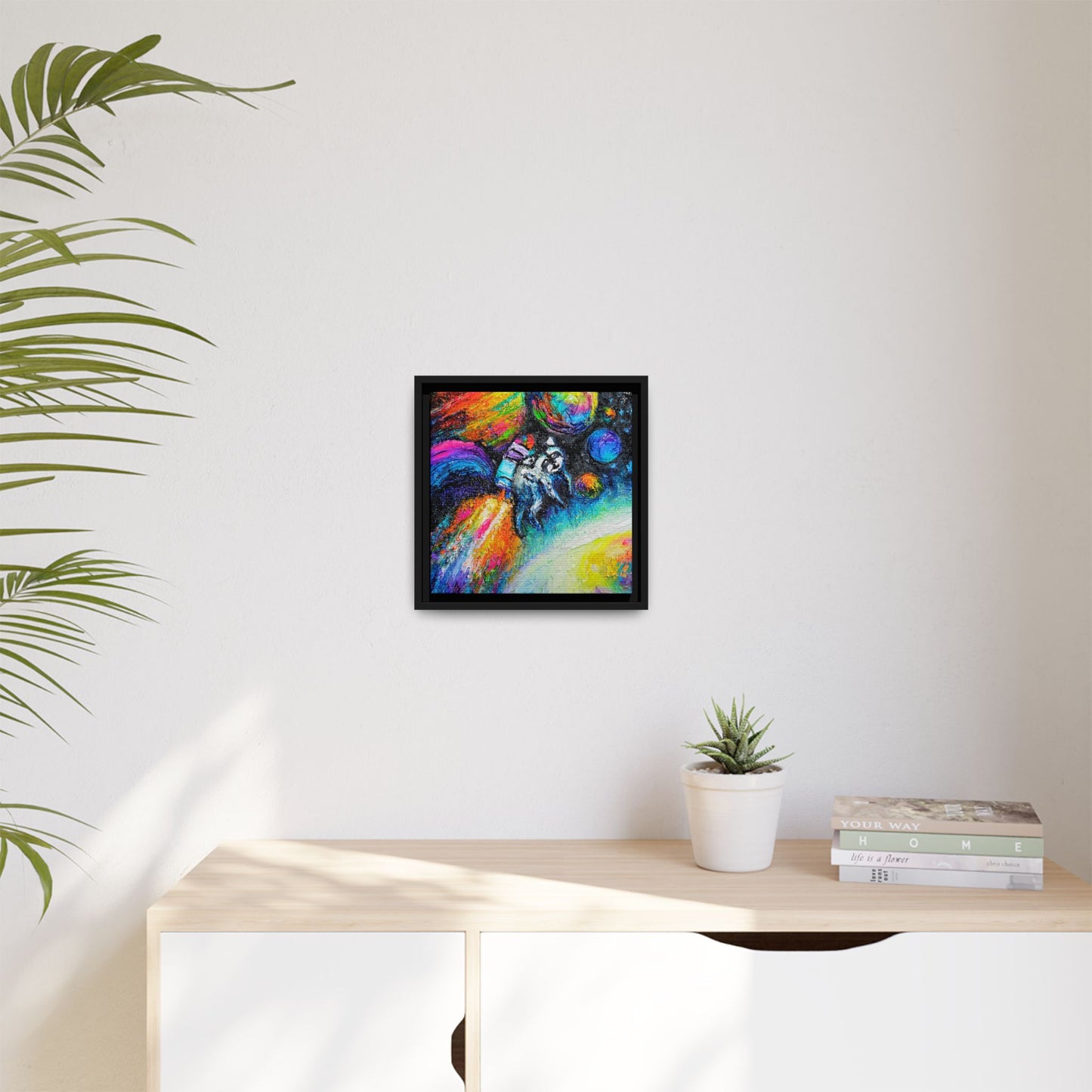 Framed Matte Jimothy in Space Canvas Art – Colorful Astronaut Space Painting