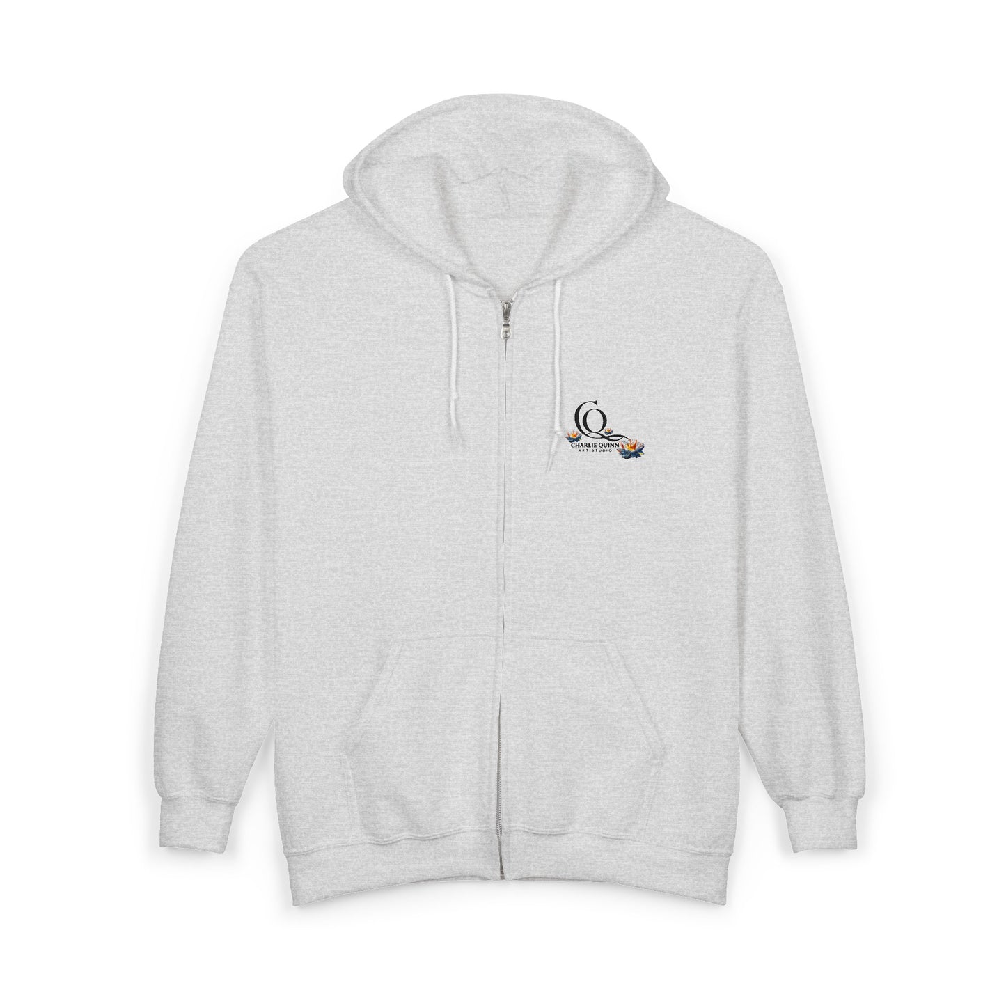 Minimalist Penguin & Fish Zip Hoodie — Cute Penguin Fishing Embroidered Full-Zip Sweatshirt