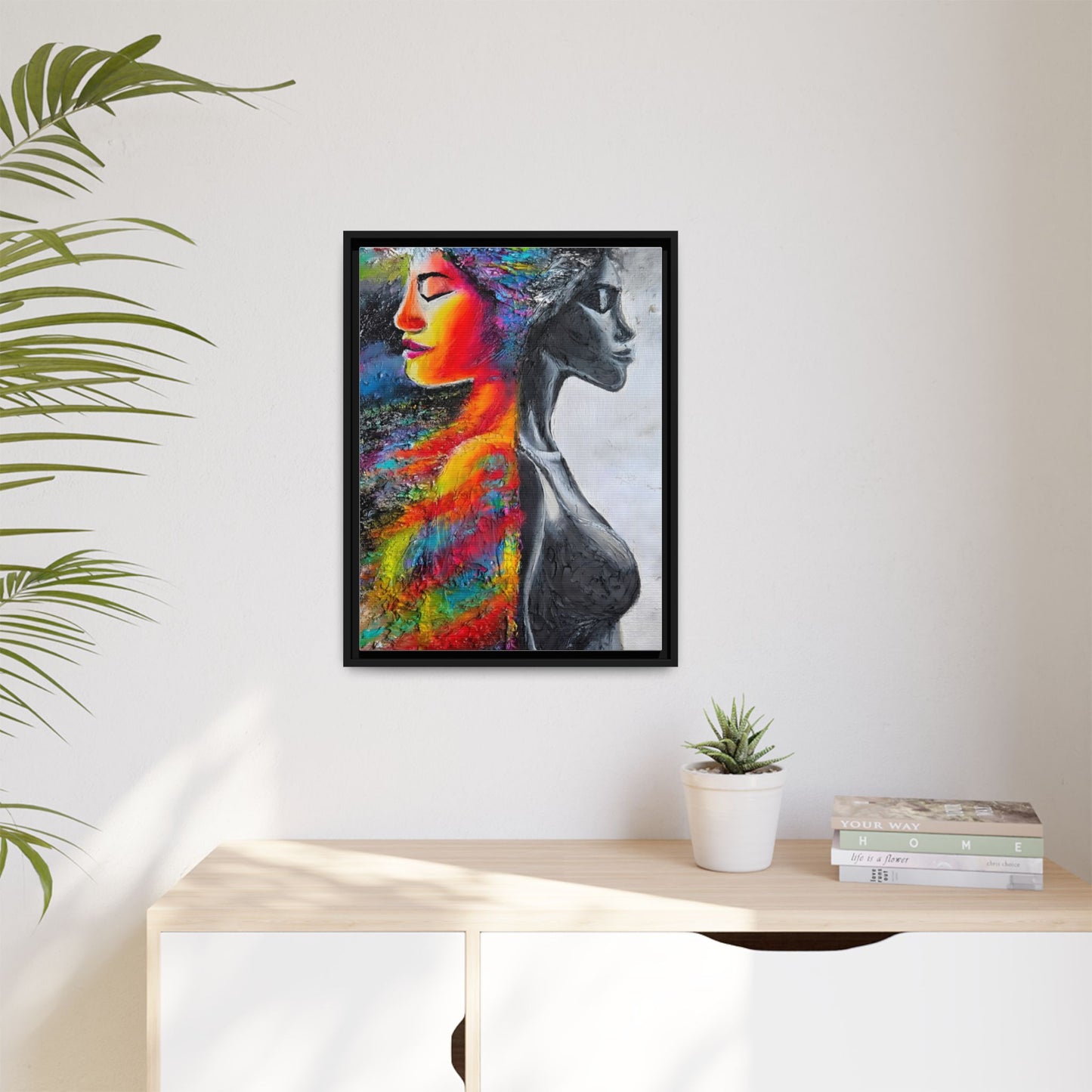 Framed Matte Canvas Art – Colorful Dual-Faced Woman Portrait
