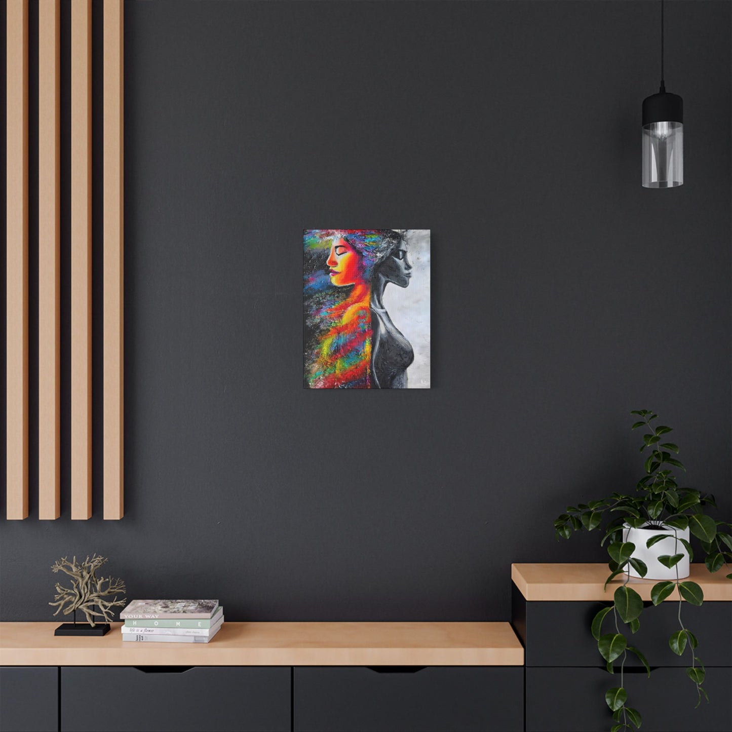 Abstract Duality Portrait Satin Canvas Art - Colorful Woman & Monochrome Silhouette Stretched