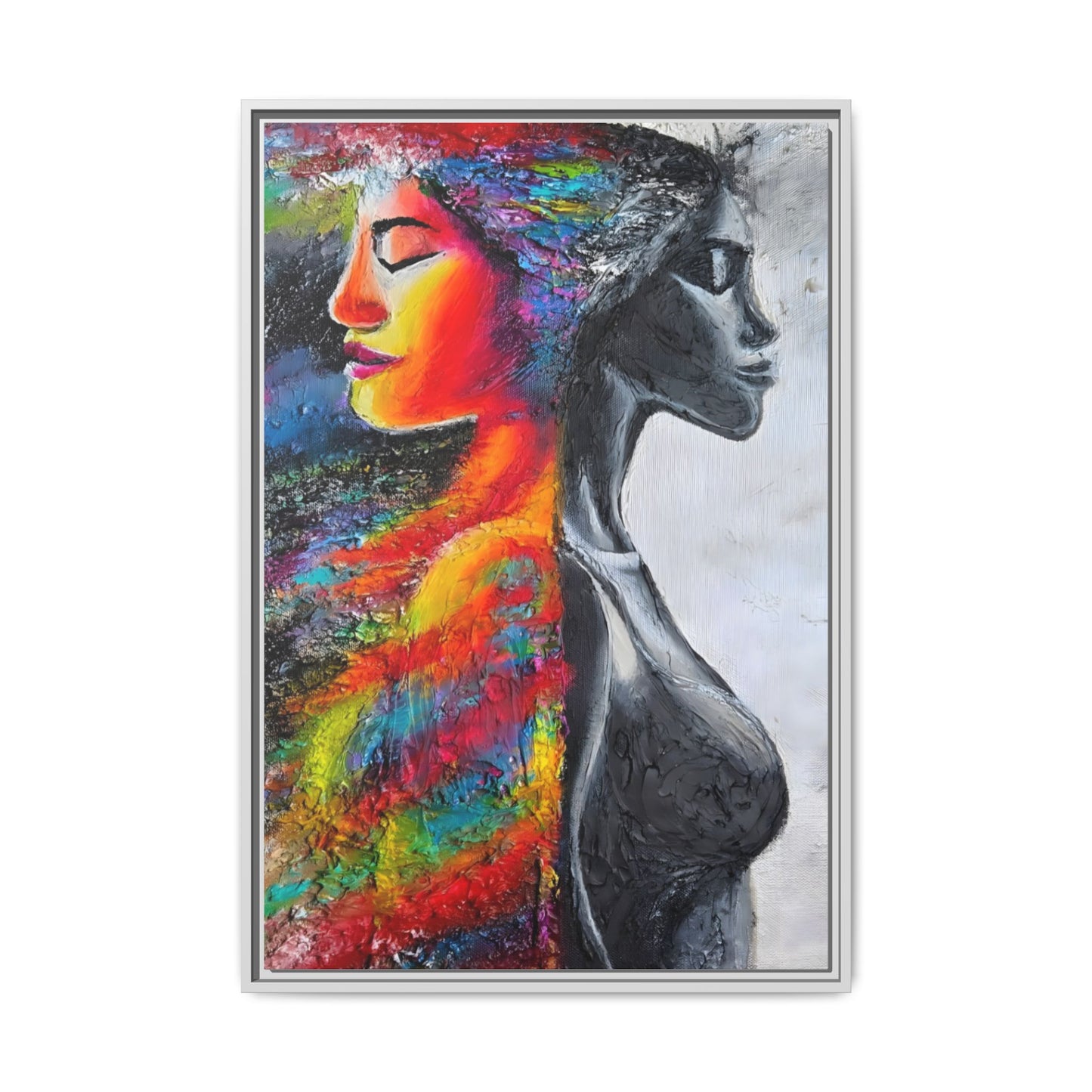 Framed Matte Canvas Art – Colorful Dual-Faced Woman Portrait